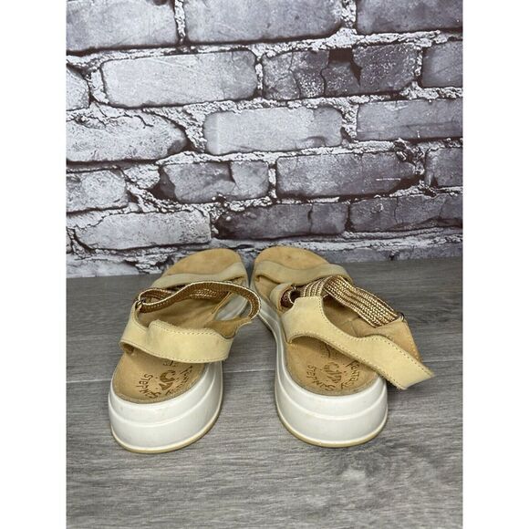 Fantasy Sandals Tan Nubuck Fabric Cross Strap Wedge Flex Sole Women’s 39EU/8.5US - Picture 4 of 16